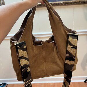 Ah-Dorned Camel Sueded Hobo Tote Bag 2 in 1 Gold Camo Glitter Crossbody Strap